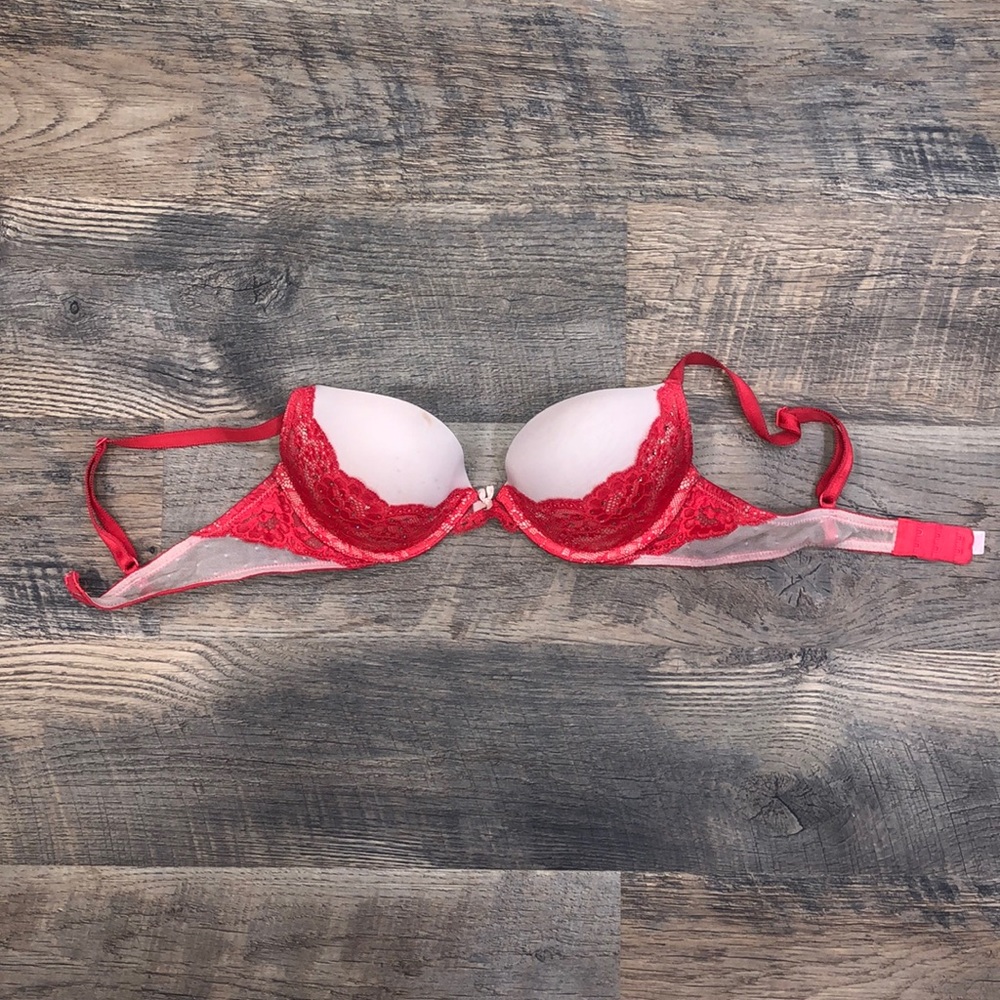 Victoria’s Secret 34A Push-Up Bra Nude With Red Lace and Bling